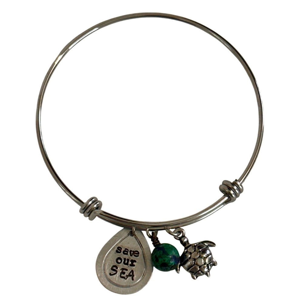 Handcrafted Save Our Sea Turtle Expandable Bangle‎ Bracelet Hand Stamped Charm